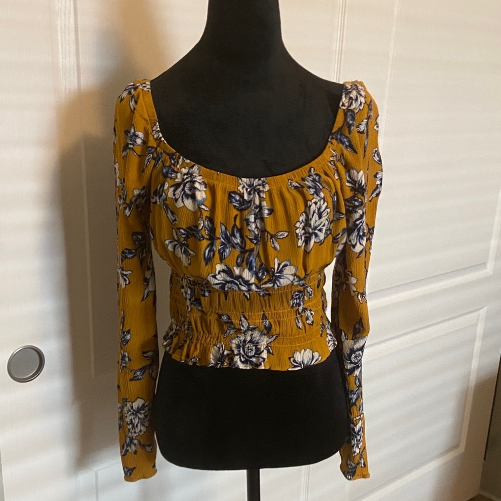 Timing Mustard Floral Long-Sleeve Smocked Top